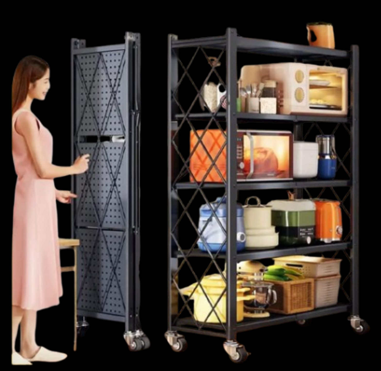 Folding Metal Shelving Unit. 5-Tier Foldable Storage Shelf with Wheels, image