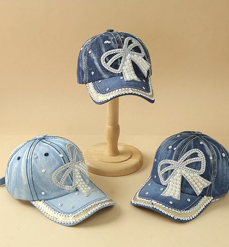 Women’s Bow Pearl Diamond Denim Baseball Cap image