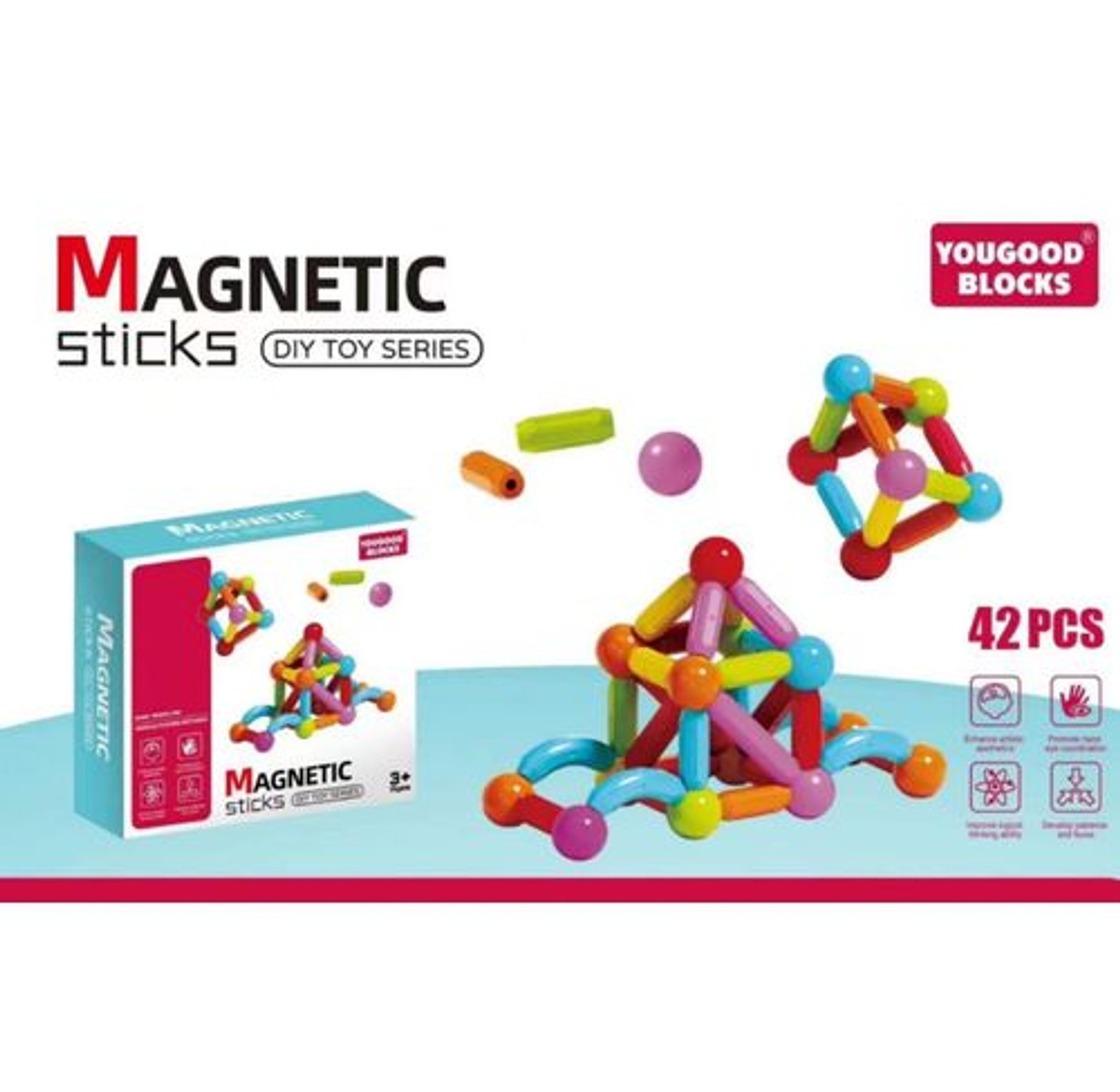 Toy Magnetic Stick Designer Building Blocks Set Kids 42 Pcs Big Size Magnets Bricks Montessori  image