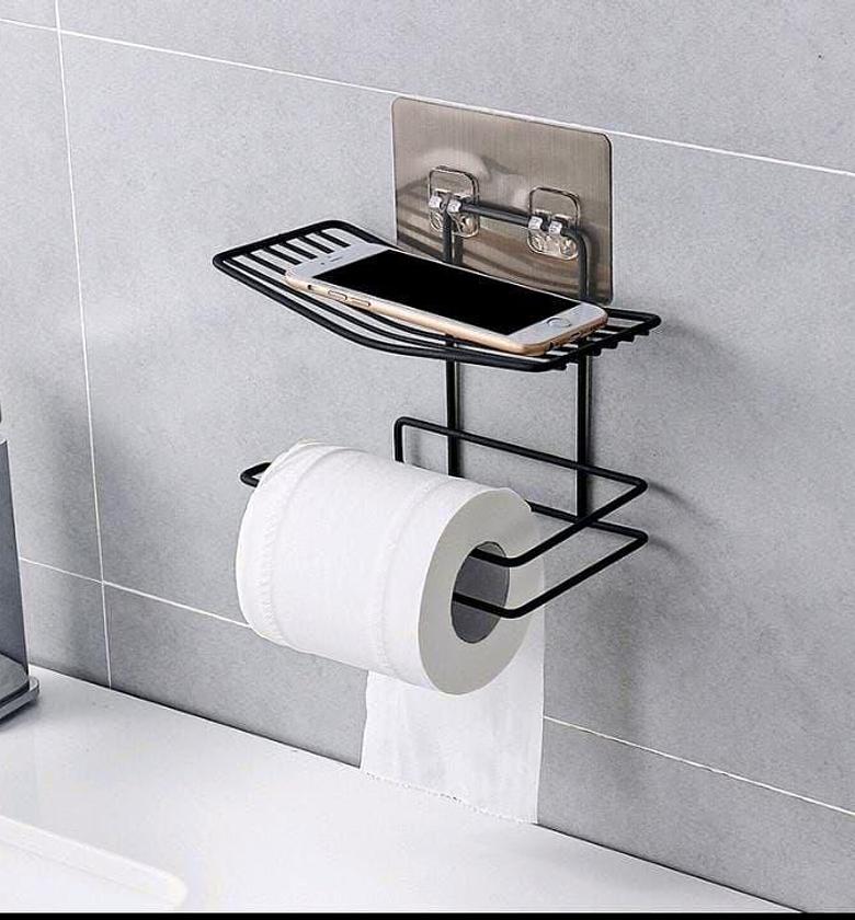 Adhesive Toilet Paper Holder with Phone Storage Shelf Wall Mounted No-Drill Metal Bathroom Organizer Rack image