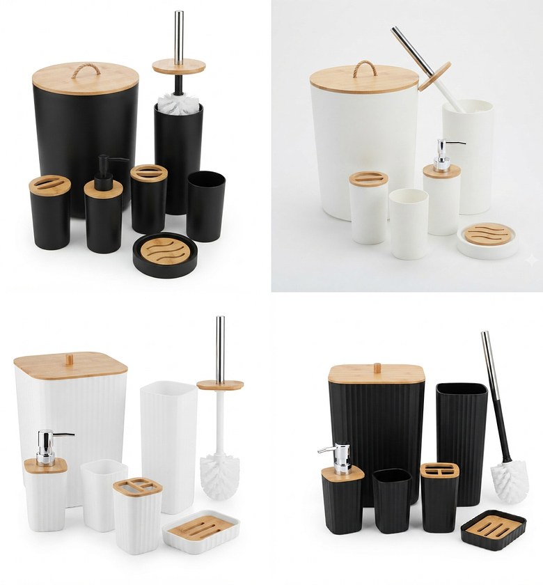Modern 6-Piece Bathroom Accessory Set, Bamboo & Durable Resin, Elegant Home Decor image