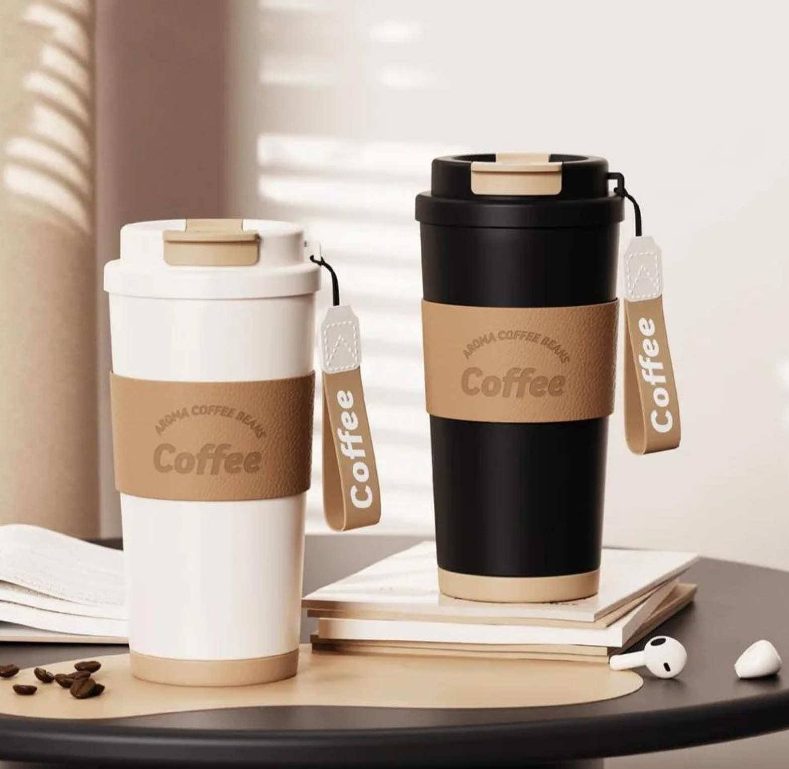 vacuum insulated stainless steel Coffee mug with a leather sleeve and a straw image