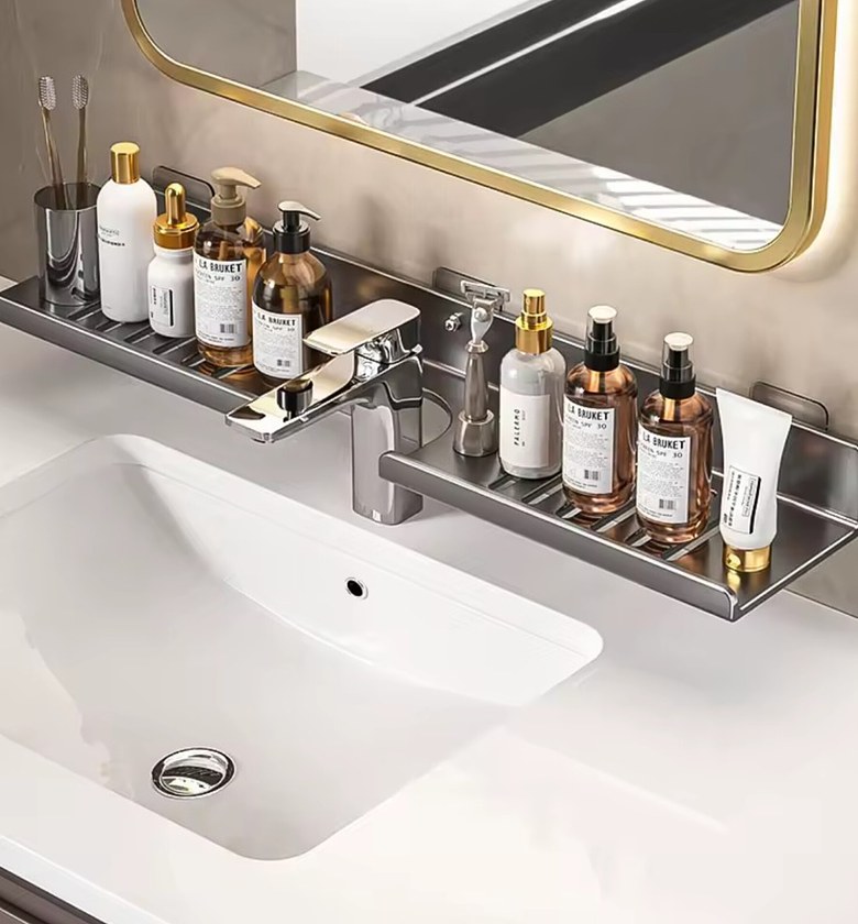 Wall Mounted Bathroom Organizer Shelf 50cm, Rust Resistant Storage Rack for Vanity, No Drill Installation image