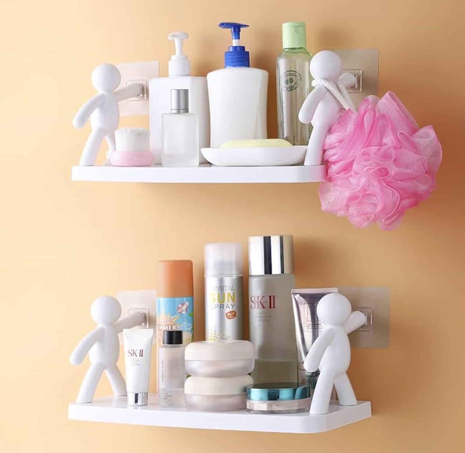 No-Drill Adhesive Bathroom Wall Organizer Shelf & Toothbrush Holder Rack with Strong Suction Sticker for Homes image