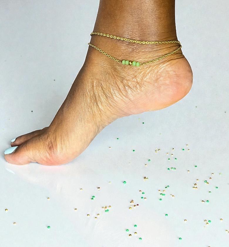 Green Beaded Brass Anklets image