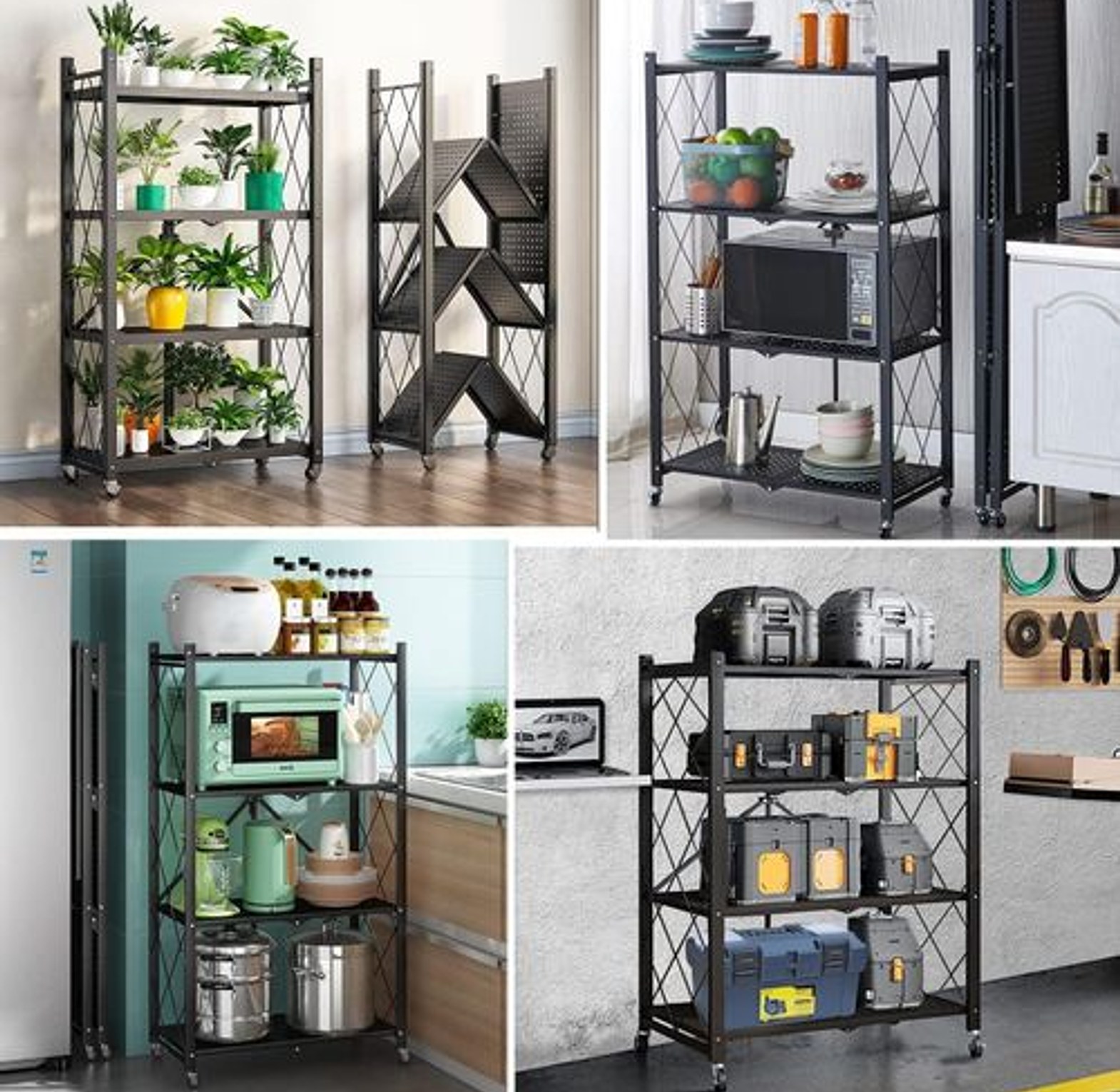 4-Tier Foldable Storage Shelf with Wheels - Metal Collapsible Shelving Unit Display, Rolling Cart for Books Kitchen Storage Shelves, Pantry & Closet Organizer, Office Room Decor - Black image