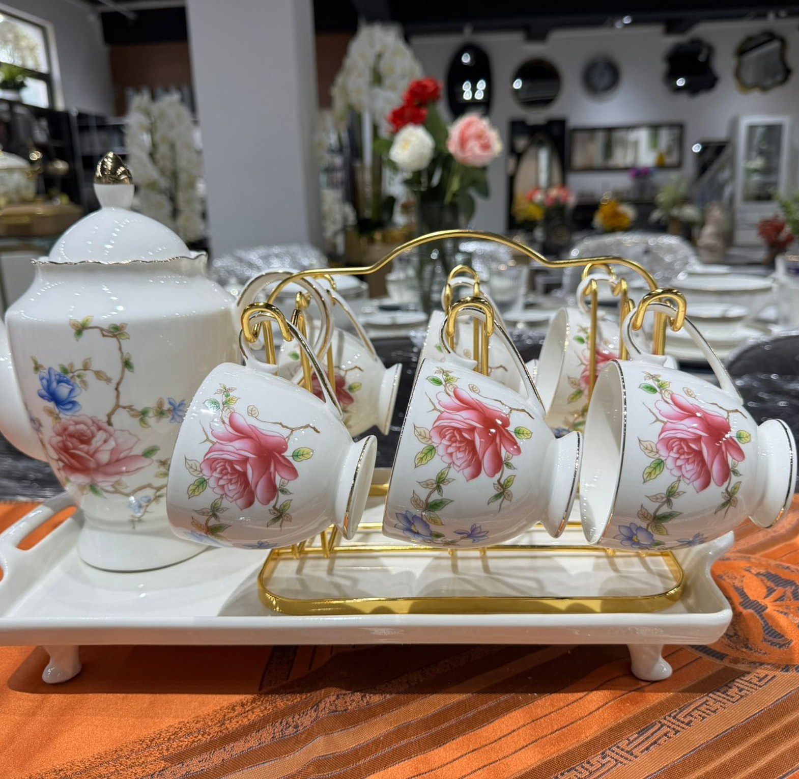   White with Red & Blue Floral Design High Tea Set image