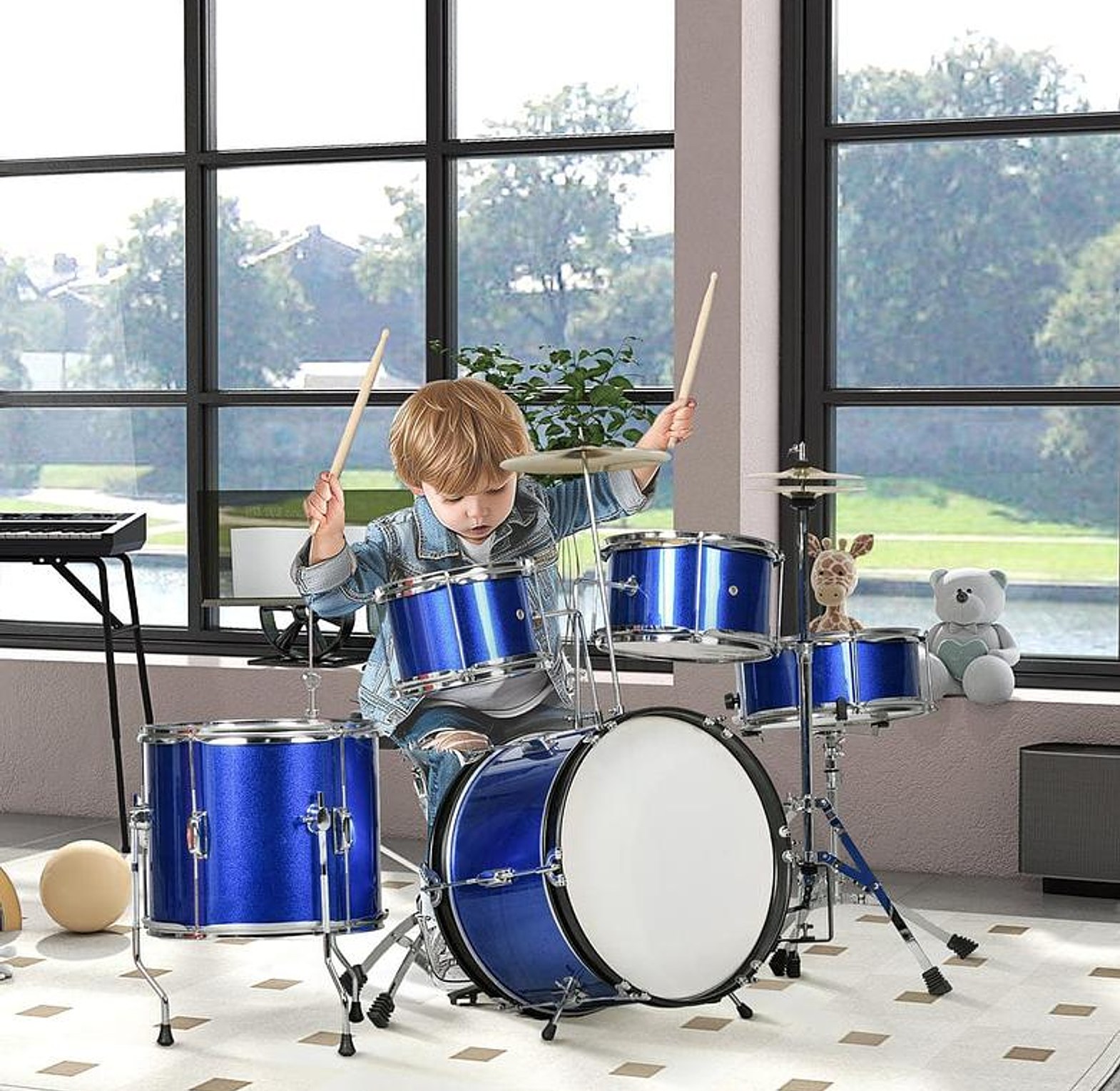 Drum Set Kit For Kids. 11 Piece Junior Drum Set for Kids with Stool. Check The Video Below image