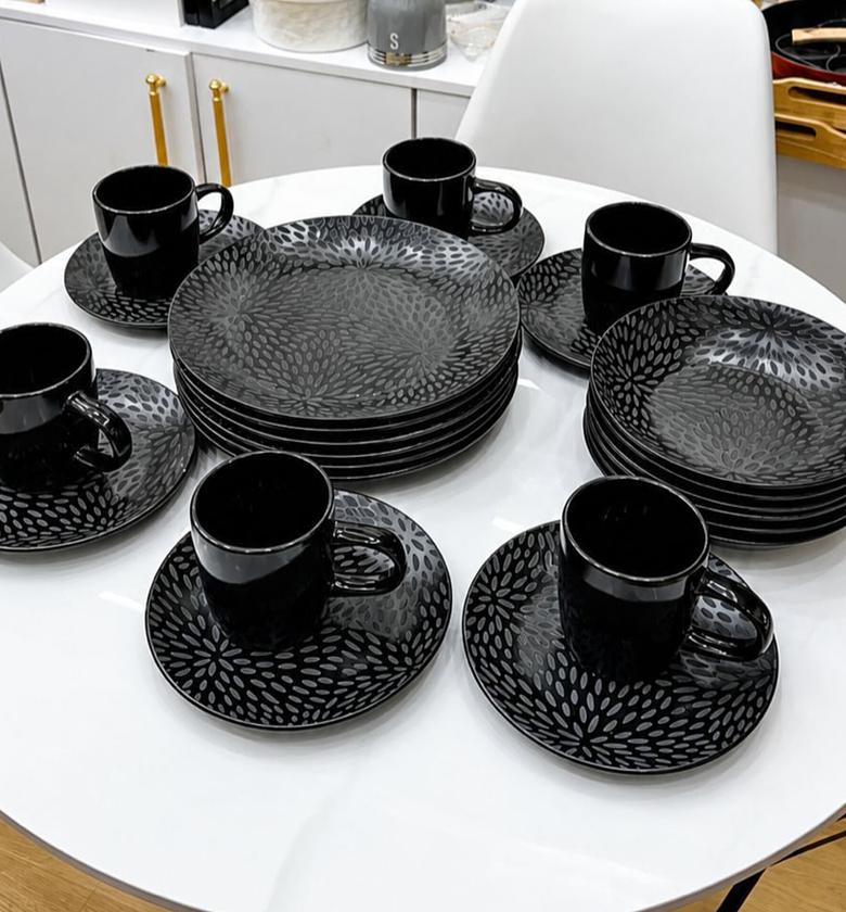 Premium 24Pcs Ceramic Dinnerware Set Matte Black Textured Plates Bowls and Mugs Modern Dinner Set for Homes and Airbnb image