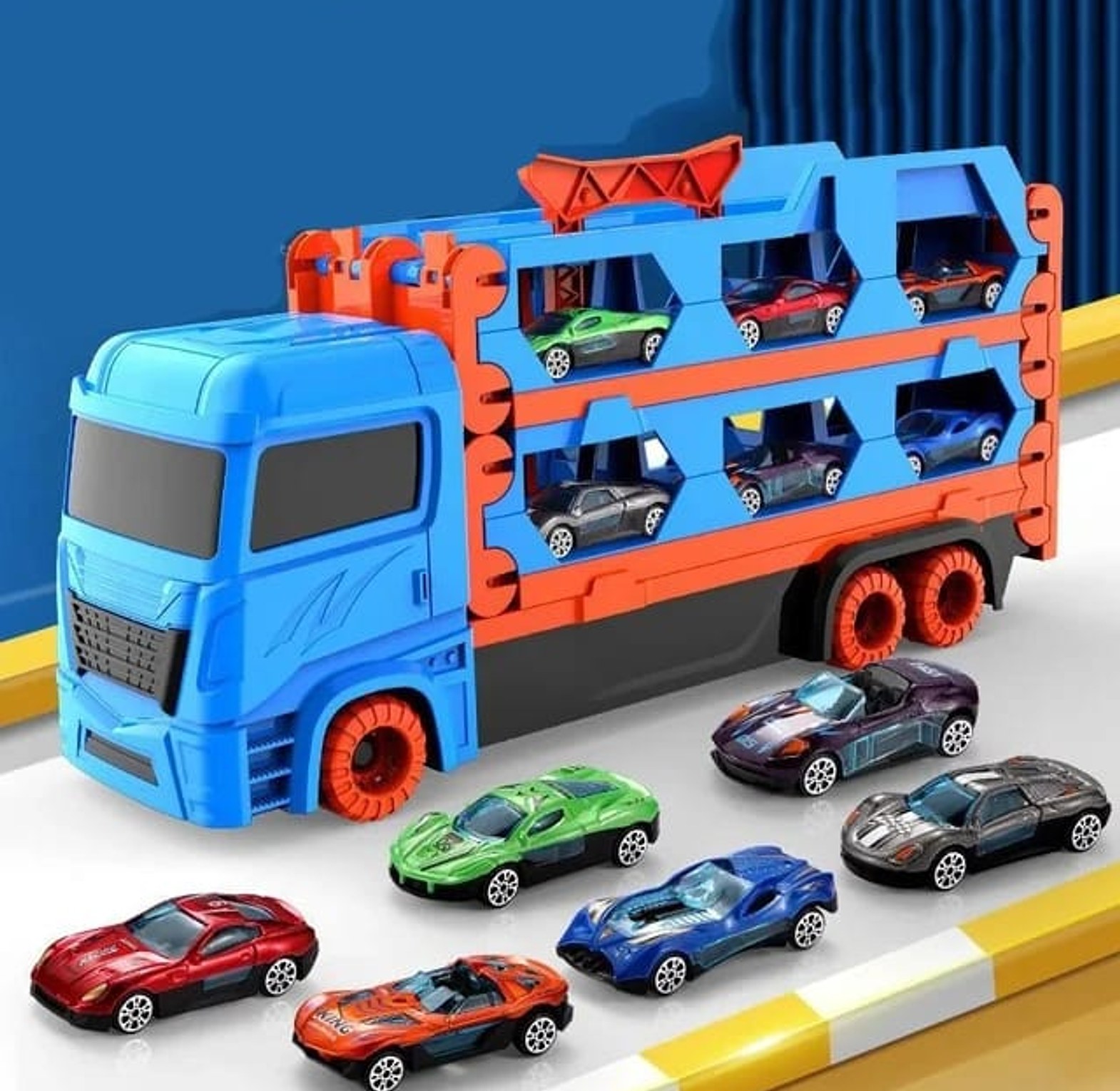KIDS TRUCK. High Quality 160 cm long container truck with 6 die cast small cars Now Available Ideal Kids Gift image