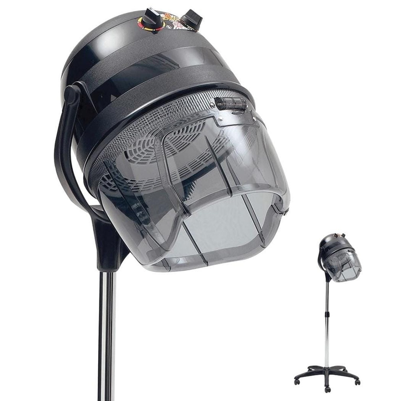 Professional hood hair dryer designed for salon use, featuring a stand for mobility and height adjustment. image