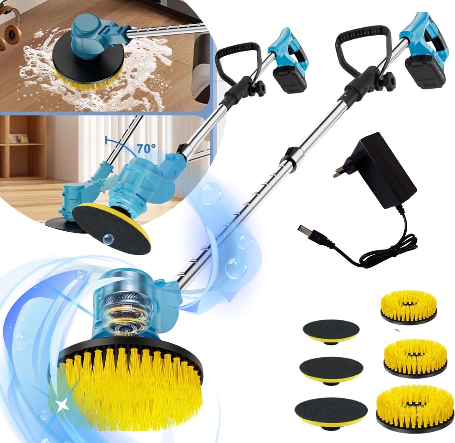 21V Cordless Electric Spin Scrubber Rechargeable Floor Tile Cleaning Brush With 120cm Extendable Handle & 3 Brush Heads image