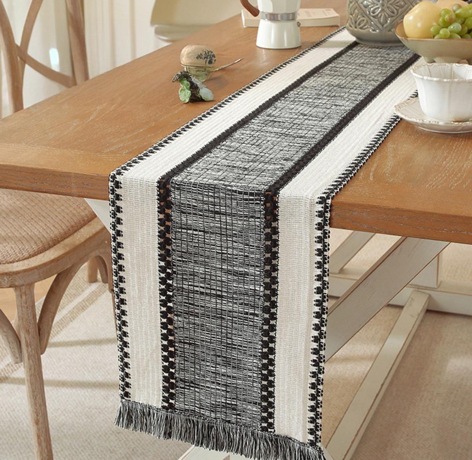 Nordic Boho Striped Table Runner - Hand - Woven Tassels image