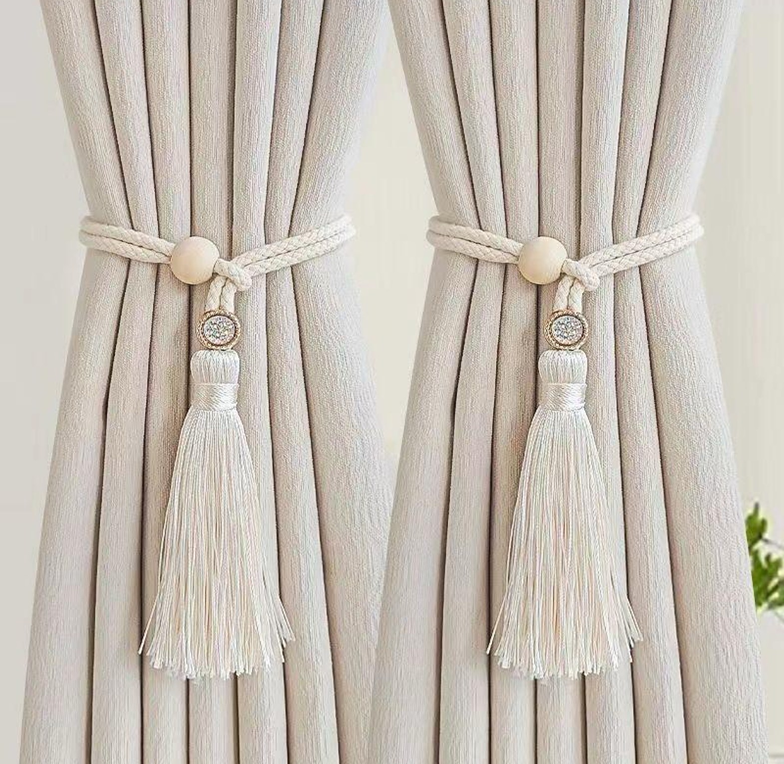 2 Bohemian fashion adjustable cotton cord curtain straps with rhinestone curtain buckles image