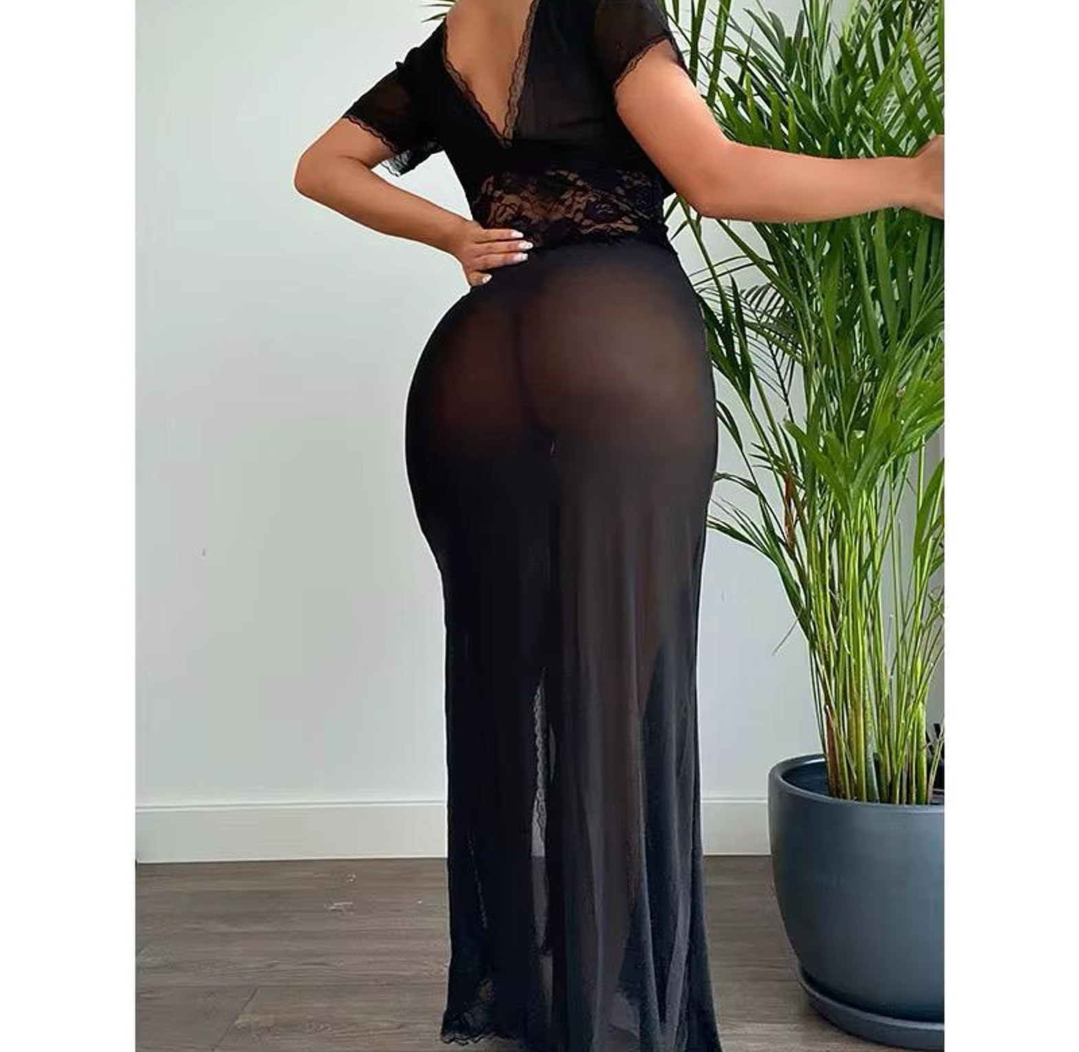 Sheer Loungewear Dress with Thigh High Front Slit image