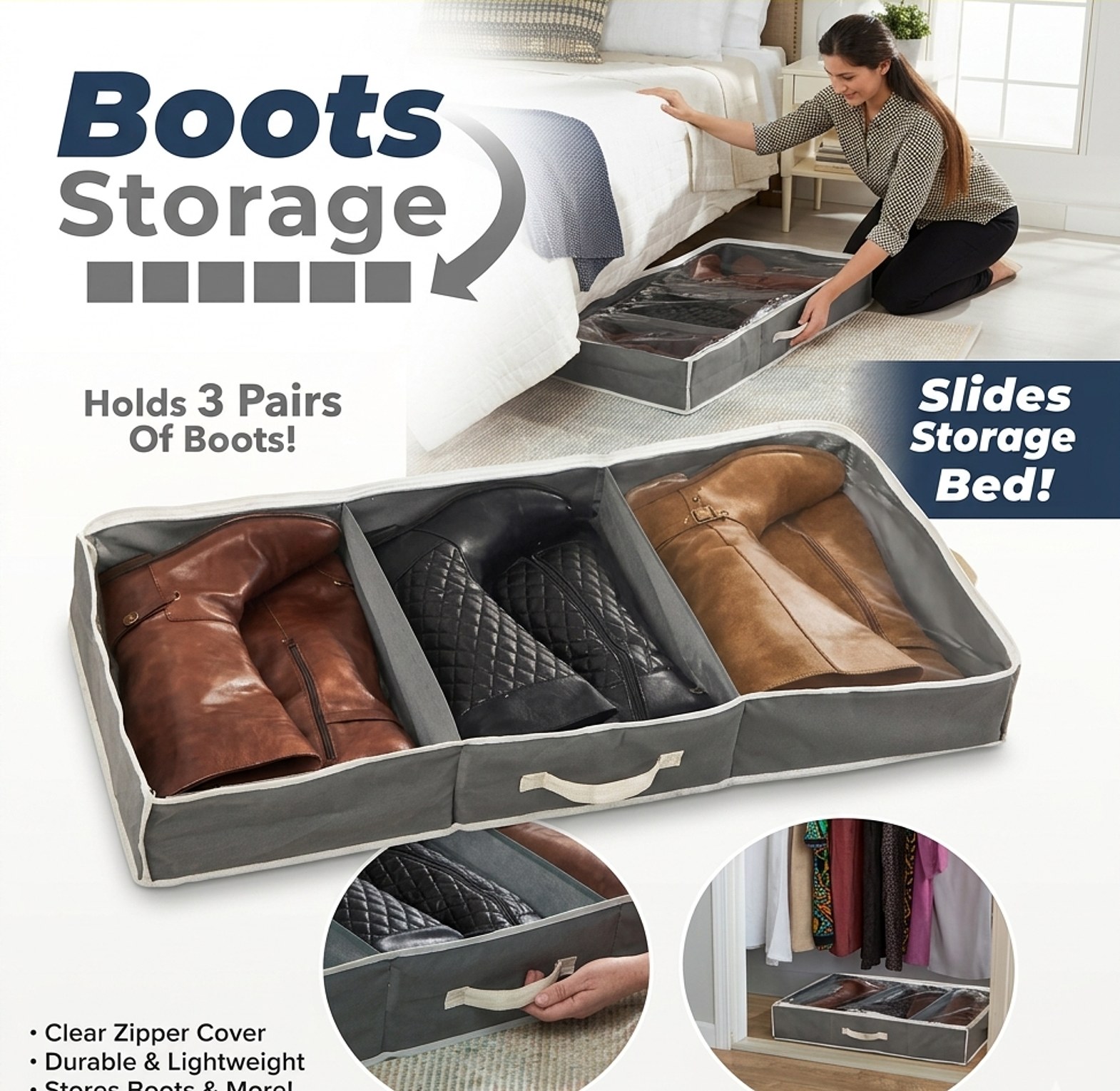 Under Bed Boot Organizer & Shoe Storage Box with Clear Zipper Cover - Holds 3 Pairs, Durable Nylon Handle, Space Saving Home Solution image