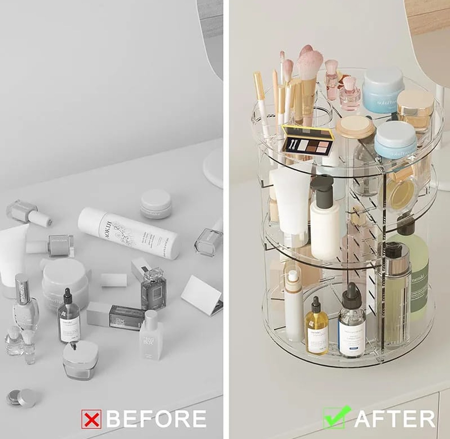 High-end luxury 2025 women’s rotating makeup organizer with brush holder for stylish and organized storage. image
