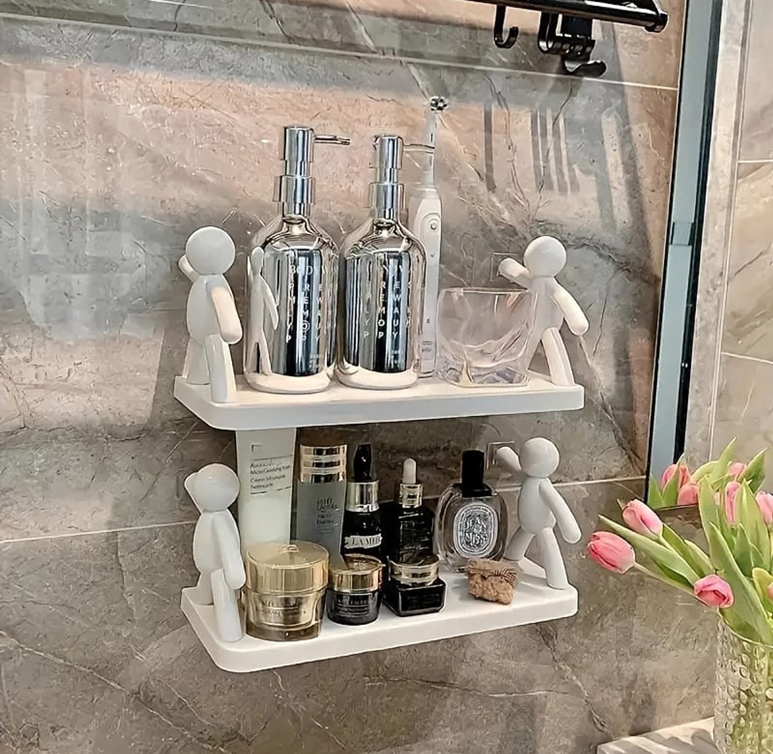 No-Drill Adhesive Bathroom Wall Organizer Shelf & Toothbrush Holder Rack with Strong Suction Sticker for Homes image