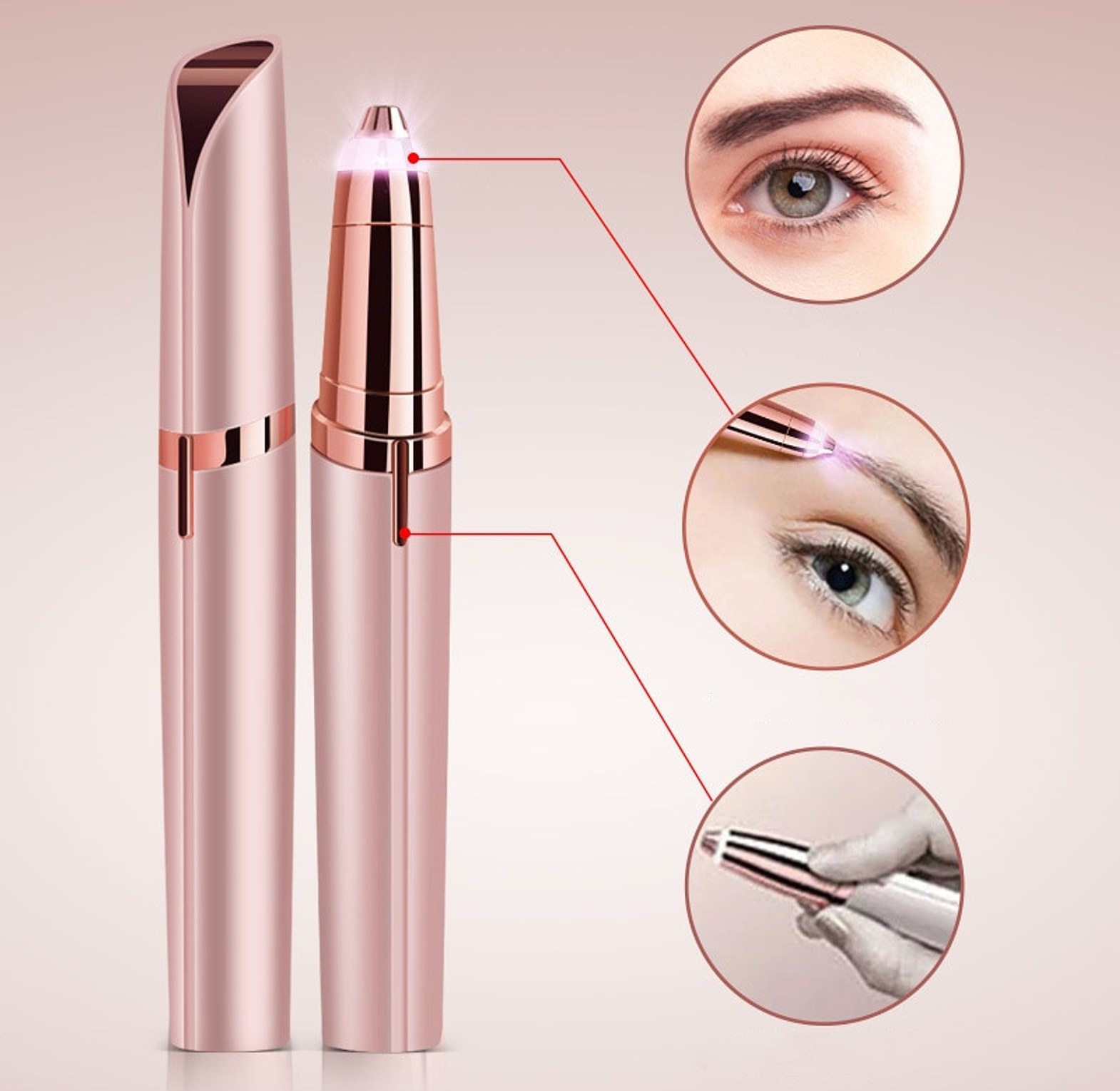 Painless Electric Eyebrow Trimmer & Facial Hair Remover - Rose Gold, Compact & Portable image