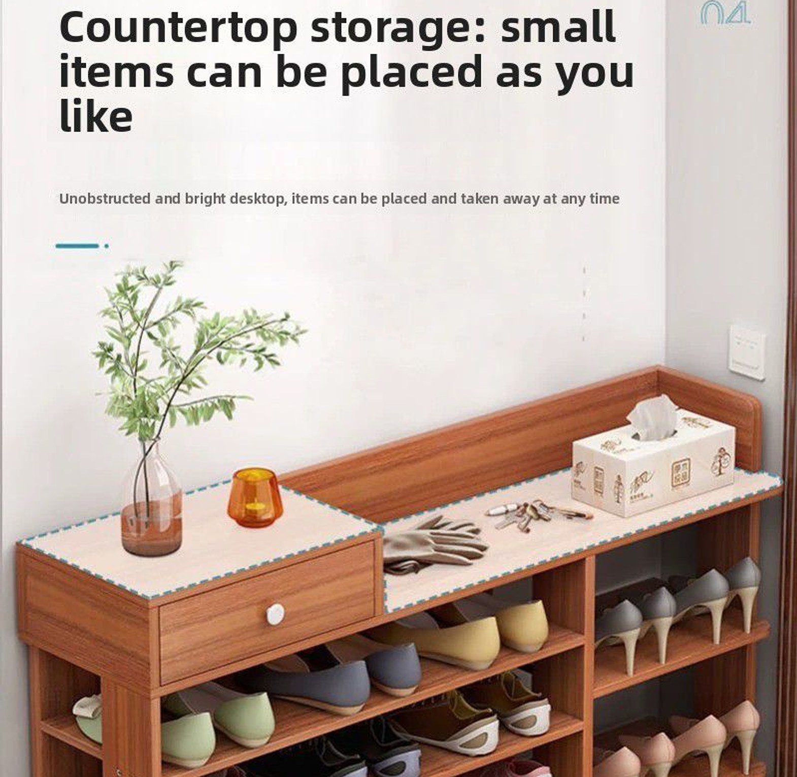 8-Tier Wooden Shoe Rack Organizer with Storage Drawer & Side Shelves – Slim Space-Saving Entryway Stand for High Heels & Boots image