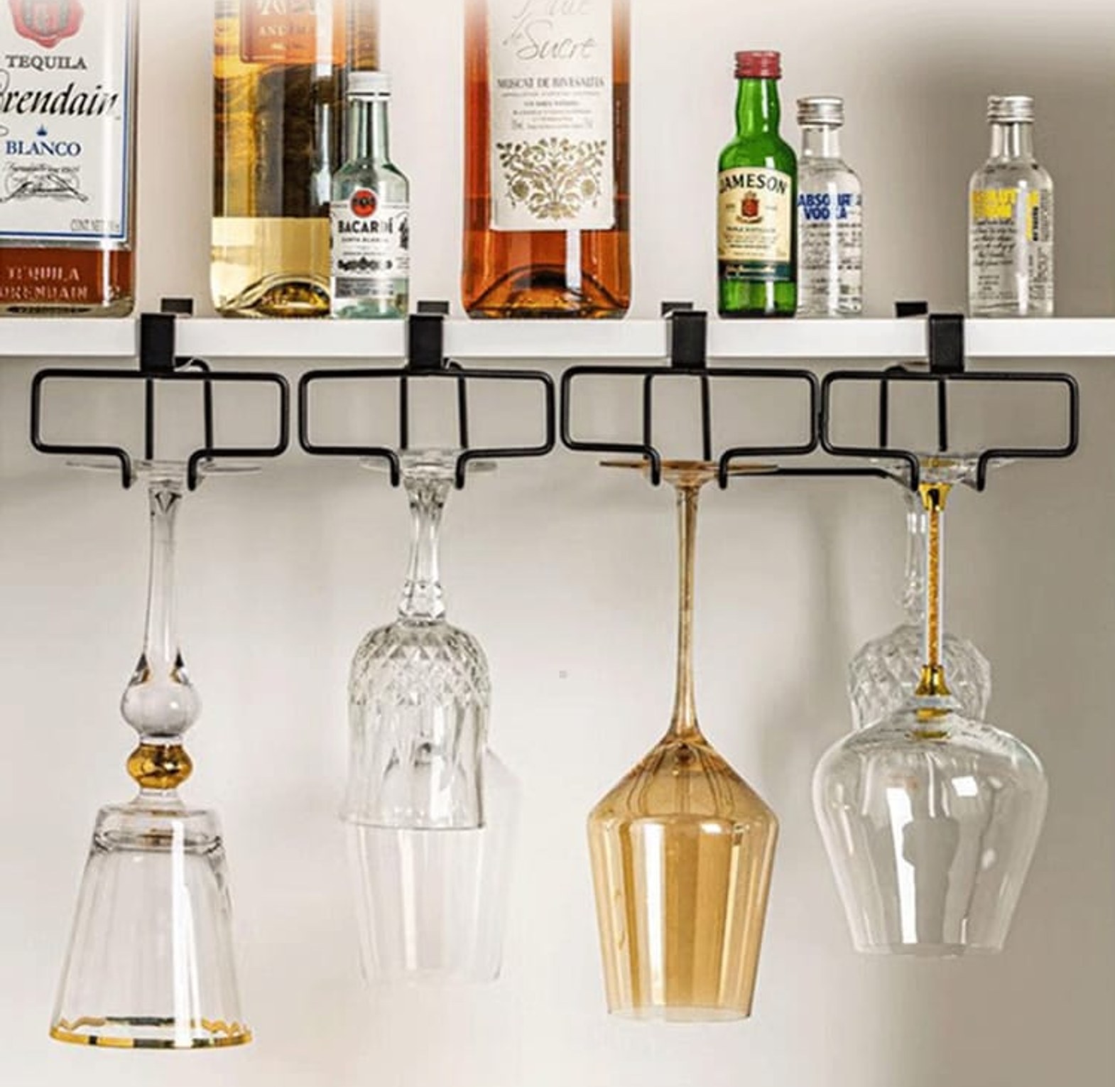 Non perforated inverted iron hanging high footed red wine cup holder image