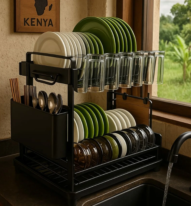 Premium 2-Tier Carbon Coated Dish Drying Rack with 360° Swivel Drainage image
