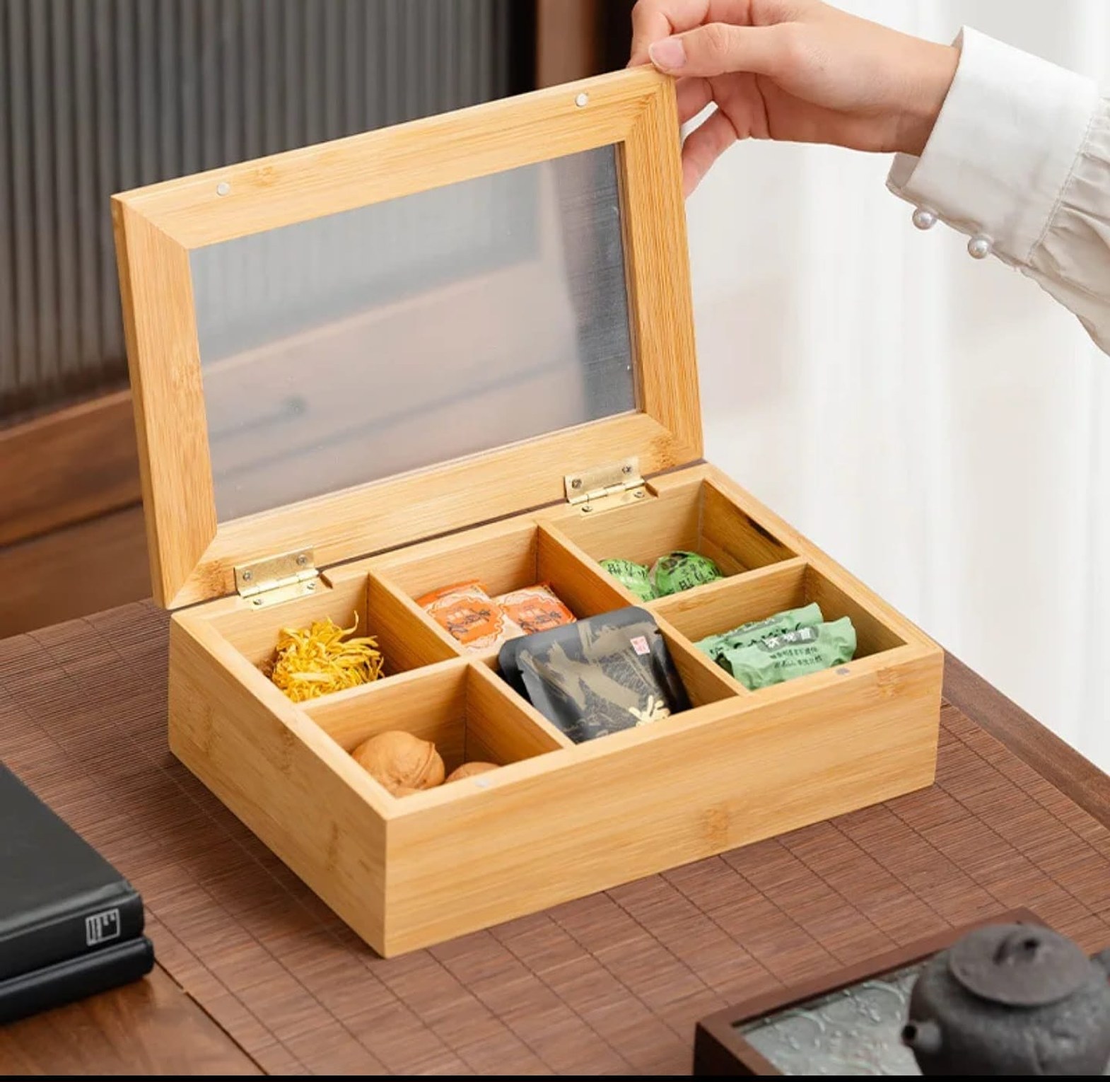 Premium 6-Section Bamboo Tea Bag Organizer Box image