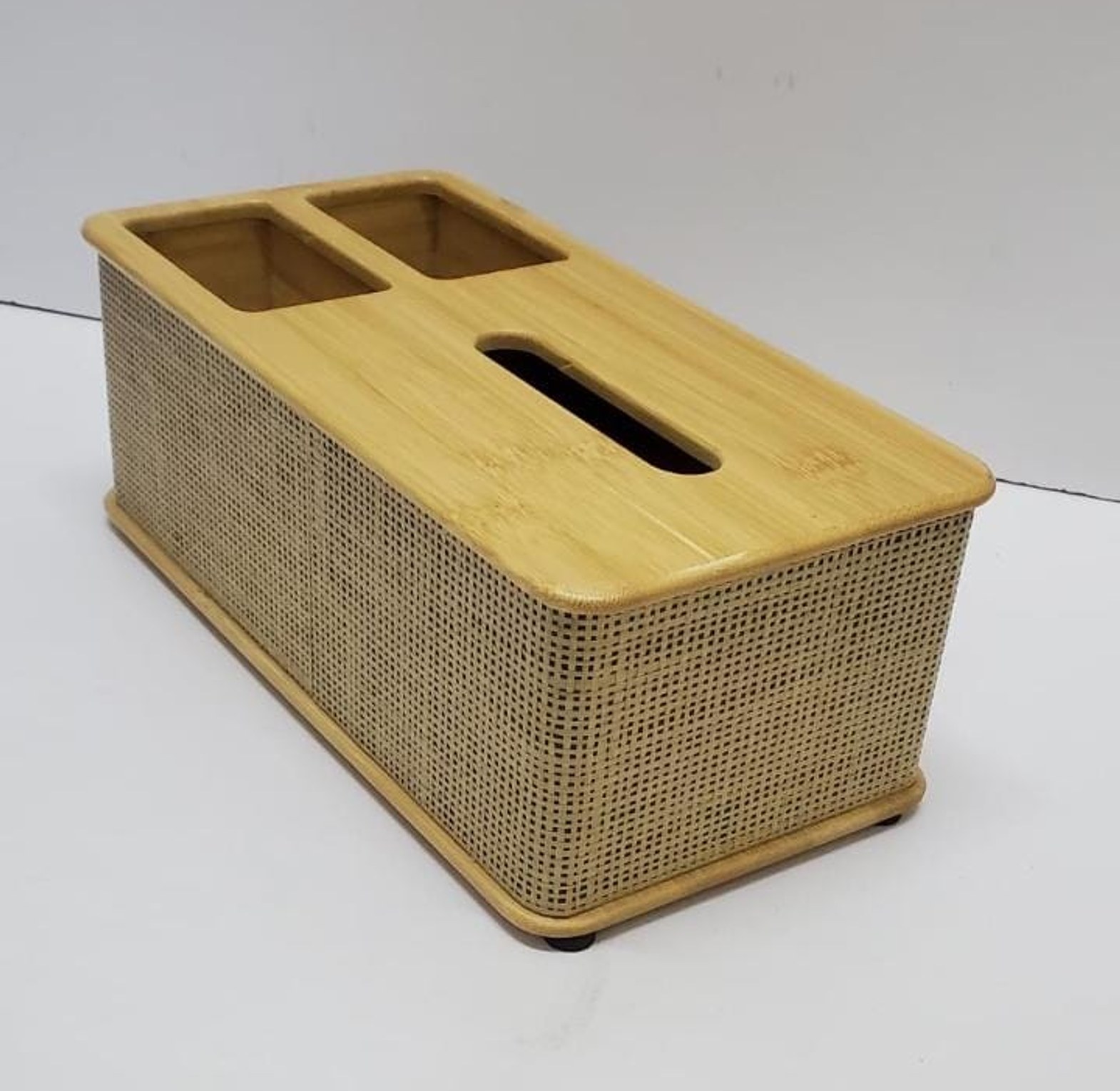 Bamboo Tissue Box & Remote Organizer, Multifunctional Desk Storage Tray for Living Room & Office image
