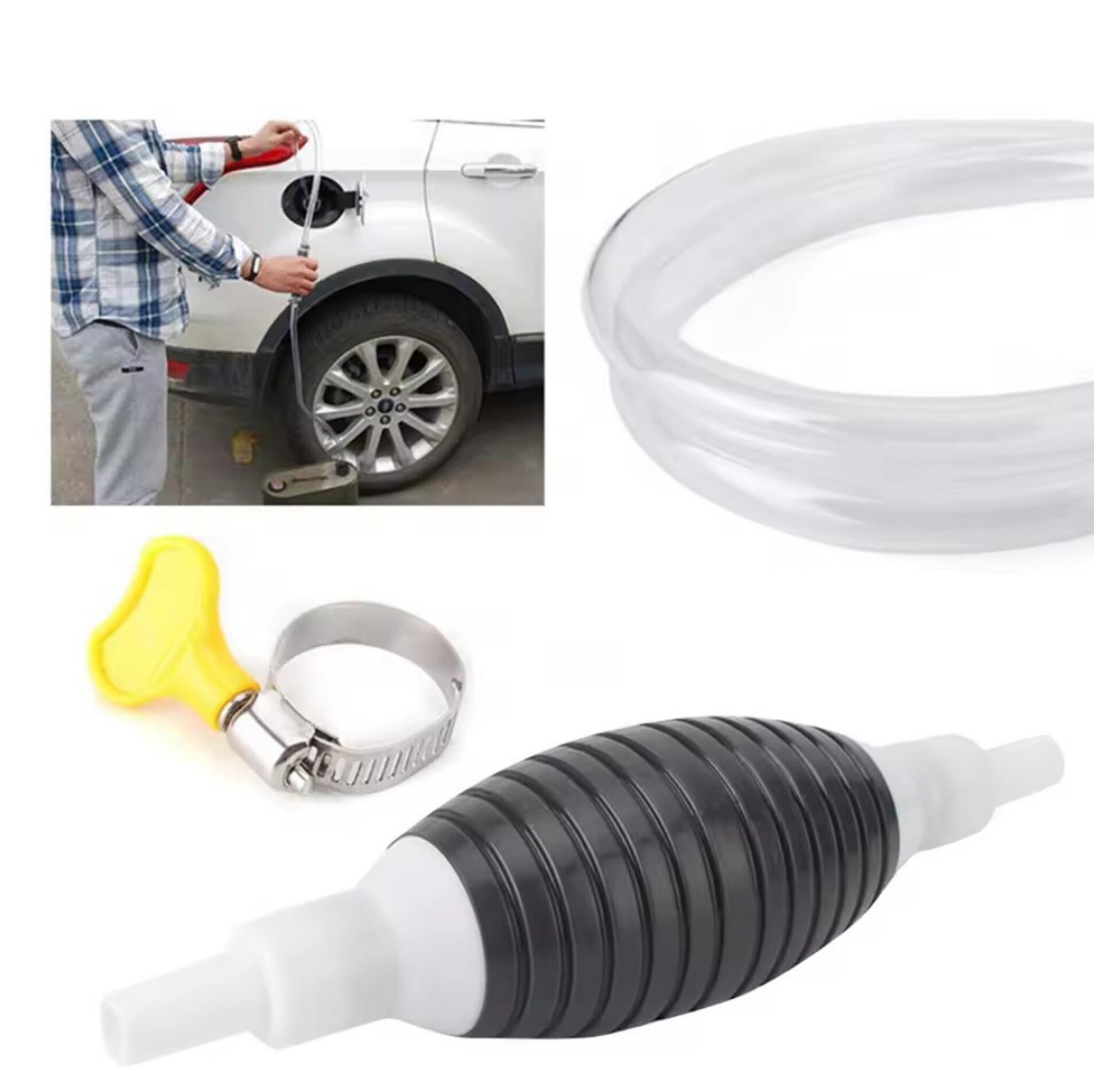 Manual Fuel Siphon Pump And Petrol Transfer Hose With Secure Clamps For Car And Aquariums image