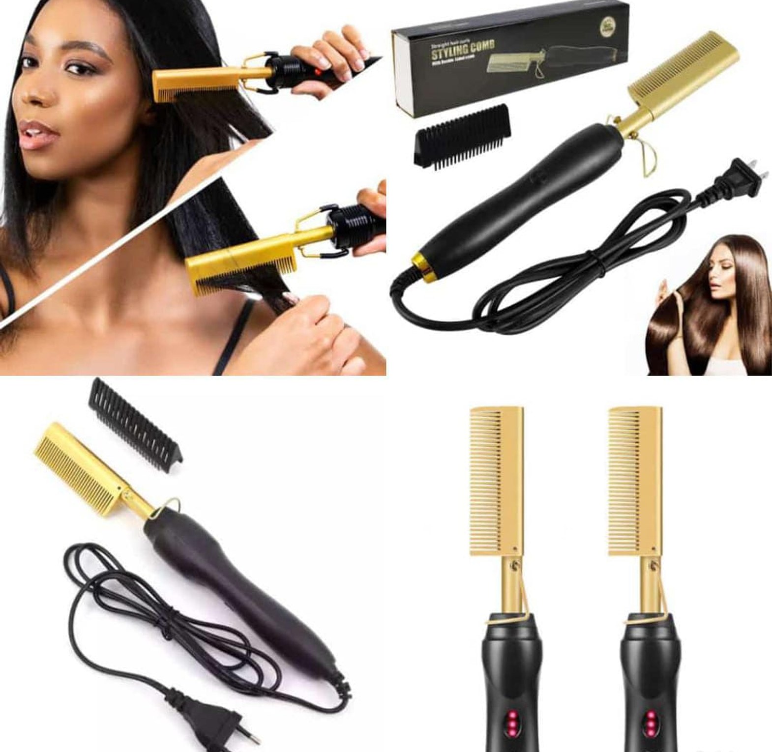 Professional Gold Ceramic Electric Hot Comb 450°F Hair Straightener for 4C Natural Hair – Premium Silk Press Machine image