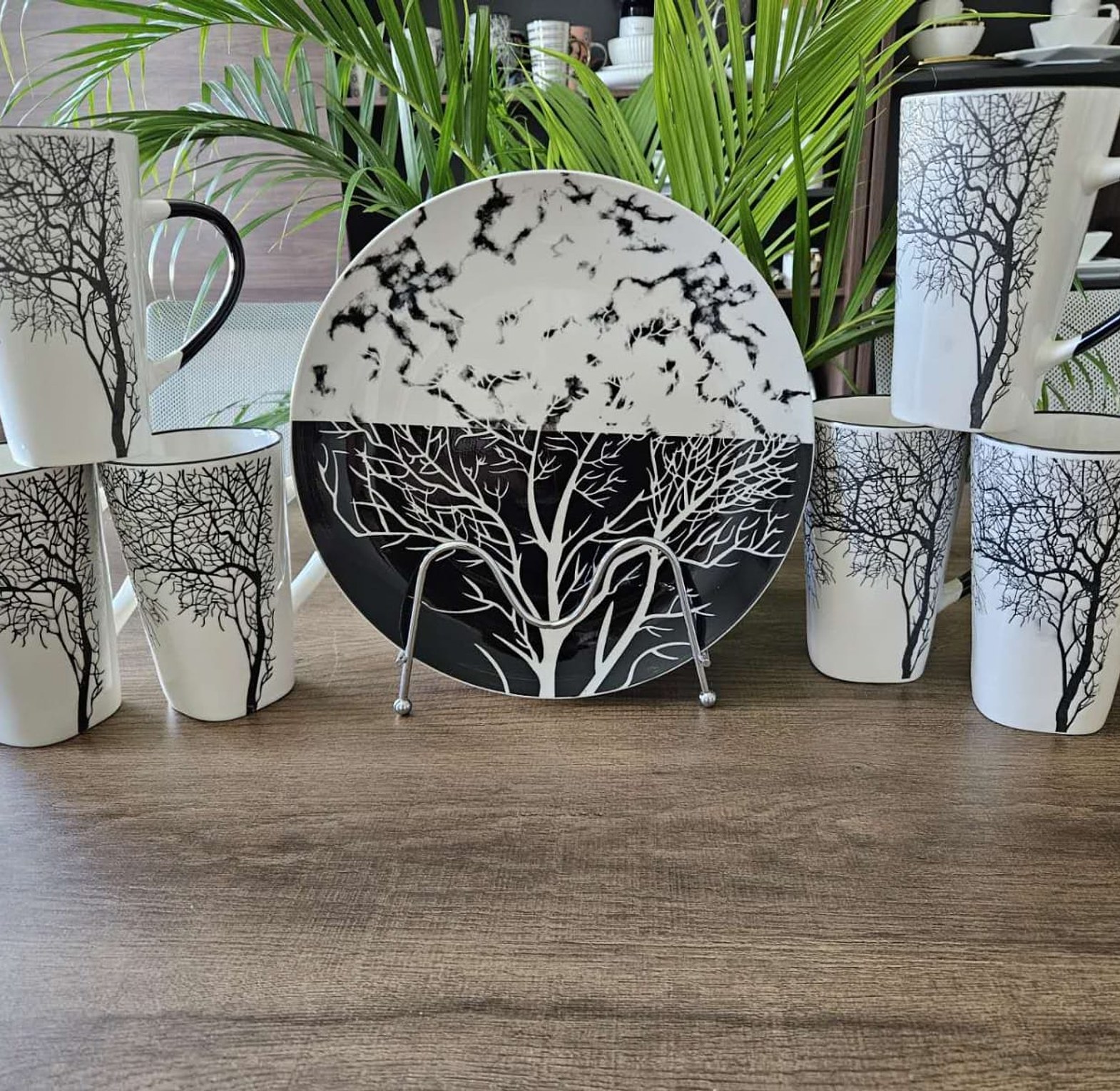 12 pc Ceramic Plate And Mug Set Tree Mugs 6pcs Plates 6pcs Cups image