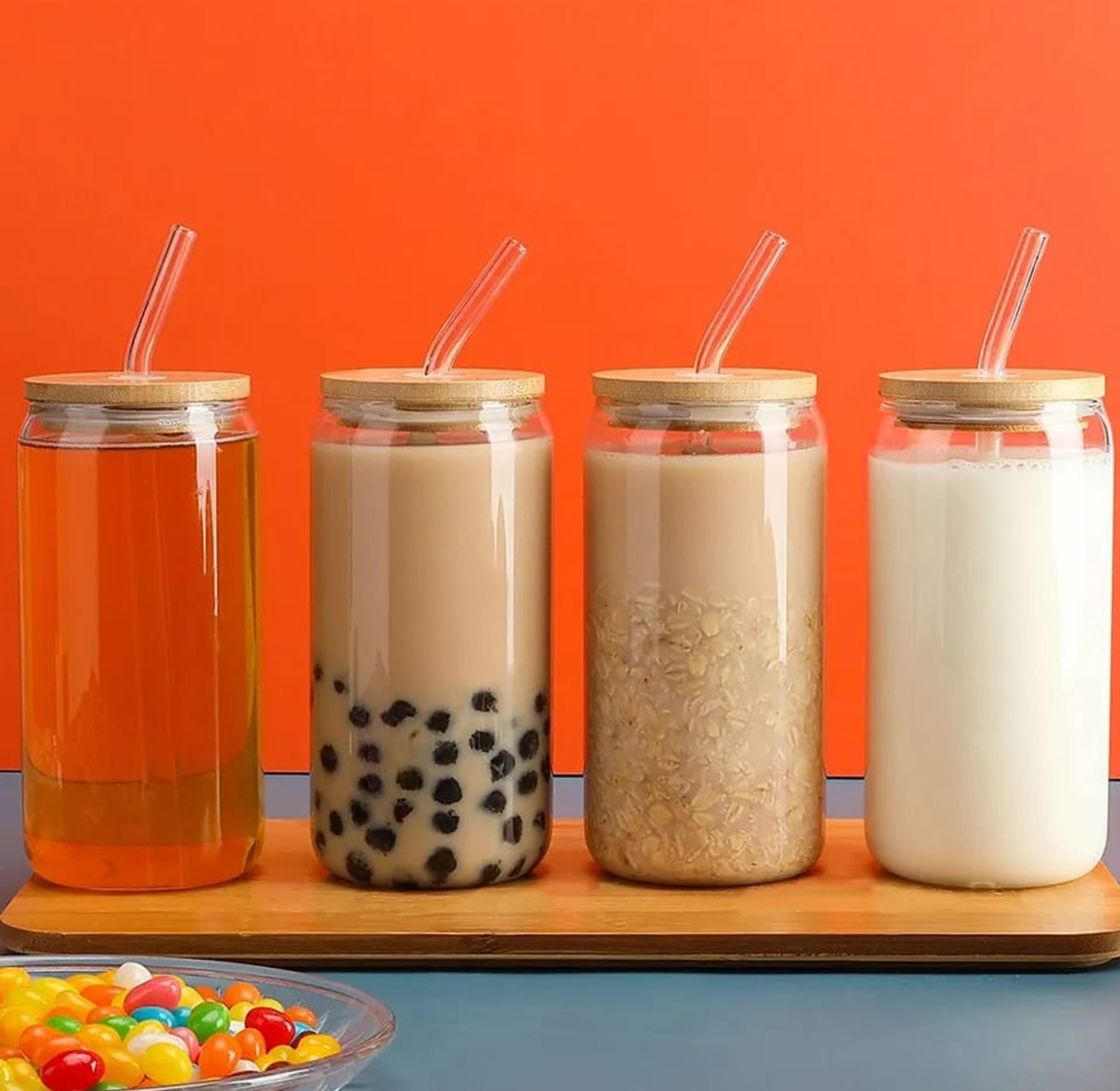 500ml transparent glass cup with lid, straw, and cleaning brush image