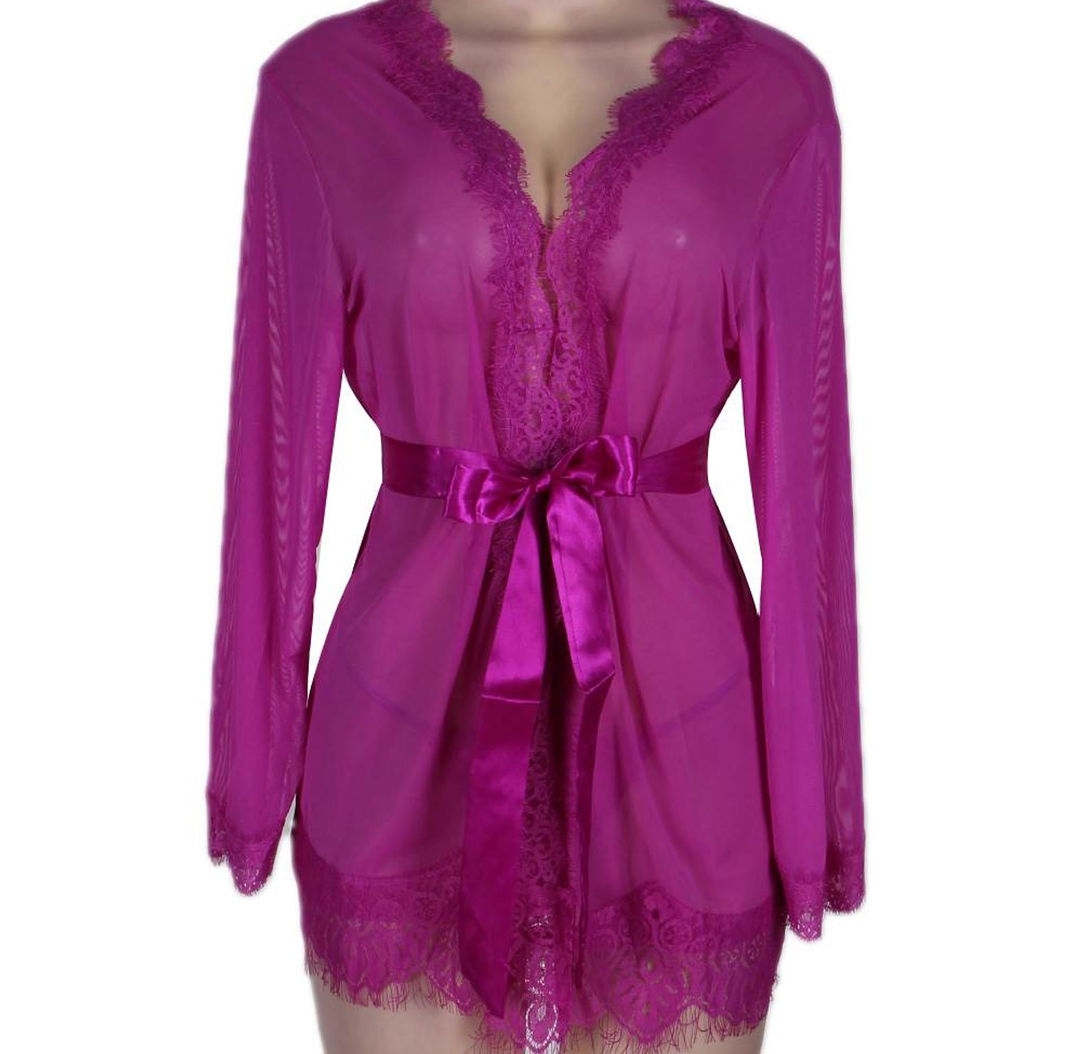 Sheer Lace Trim Sexy Robe With Belts  image