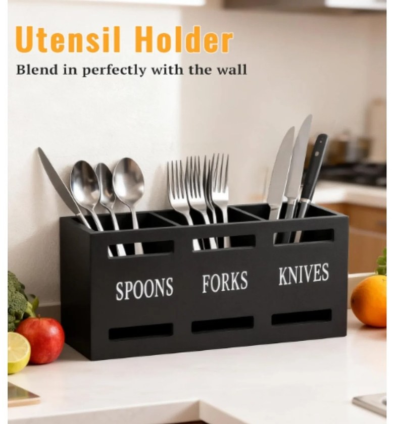 Wooden partitioned cutlery/utensils holder image
