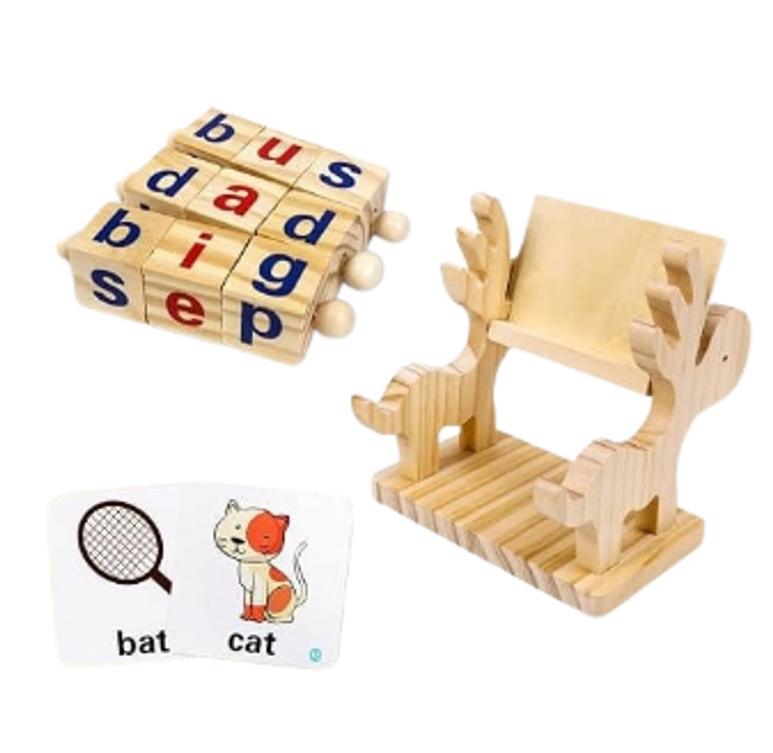 Wooden Montessori CVC Word Spelling Game with Rotating Letter Blocks, Deer Stand & 40 Flash Cards for Kids image