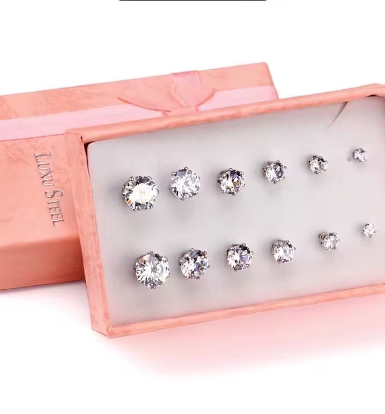 6 pairs of Small stainless steel, zirconia and studs. image