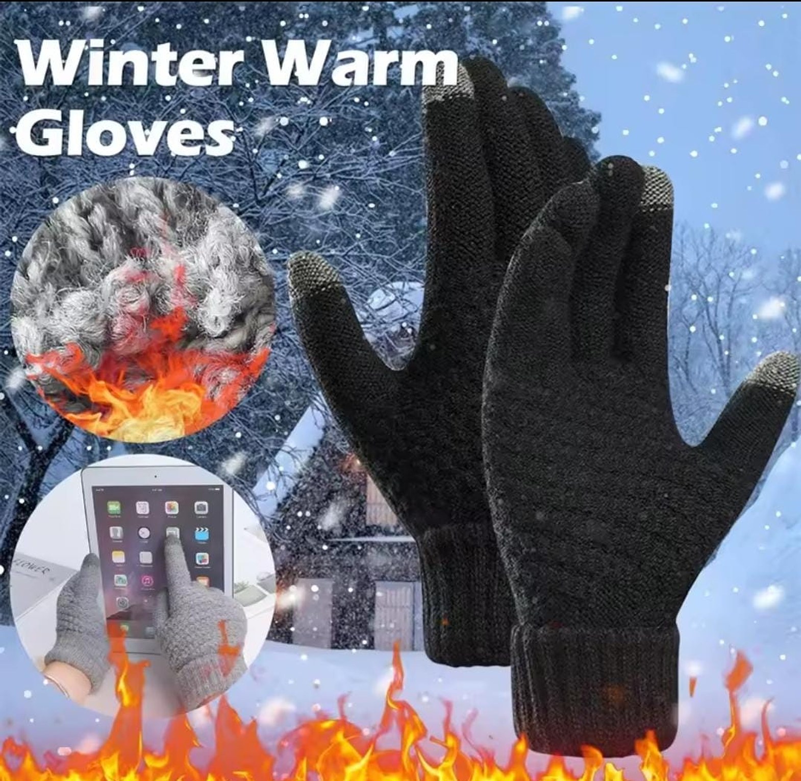 Warm winter touch screen gloves for men and women with full finger wool knit image