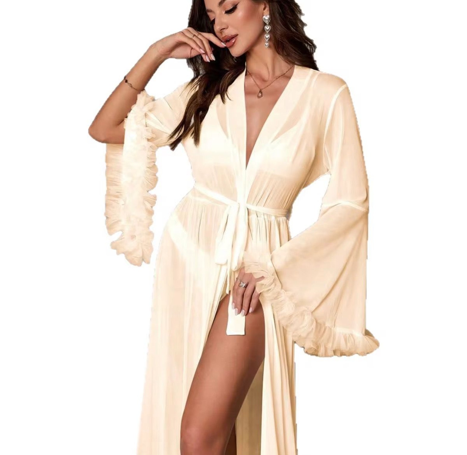 B213 See Through Lace  Flared Long Coverup Loungewear image