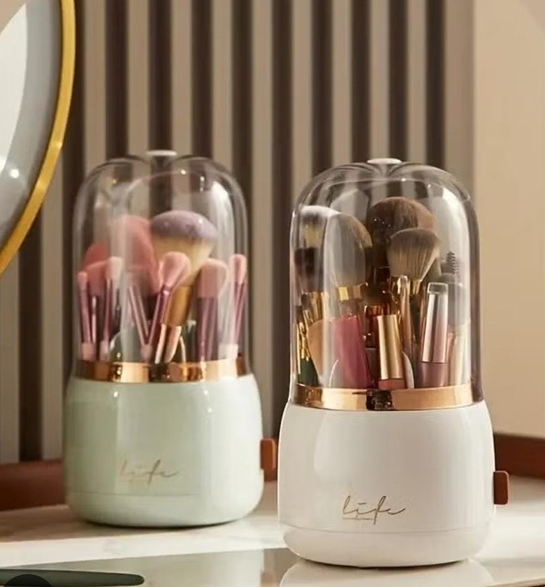360° Rotating Makeup Brush Organizer with Dustproof Lid & Compartments for Vanity - Luxury Cosmetic Storage Case image