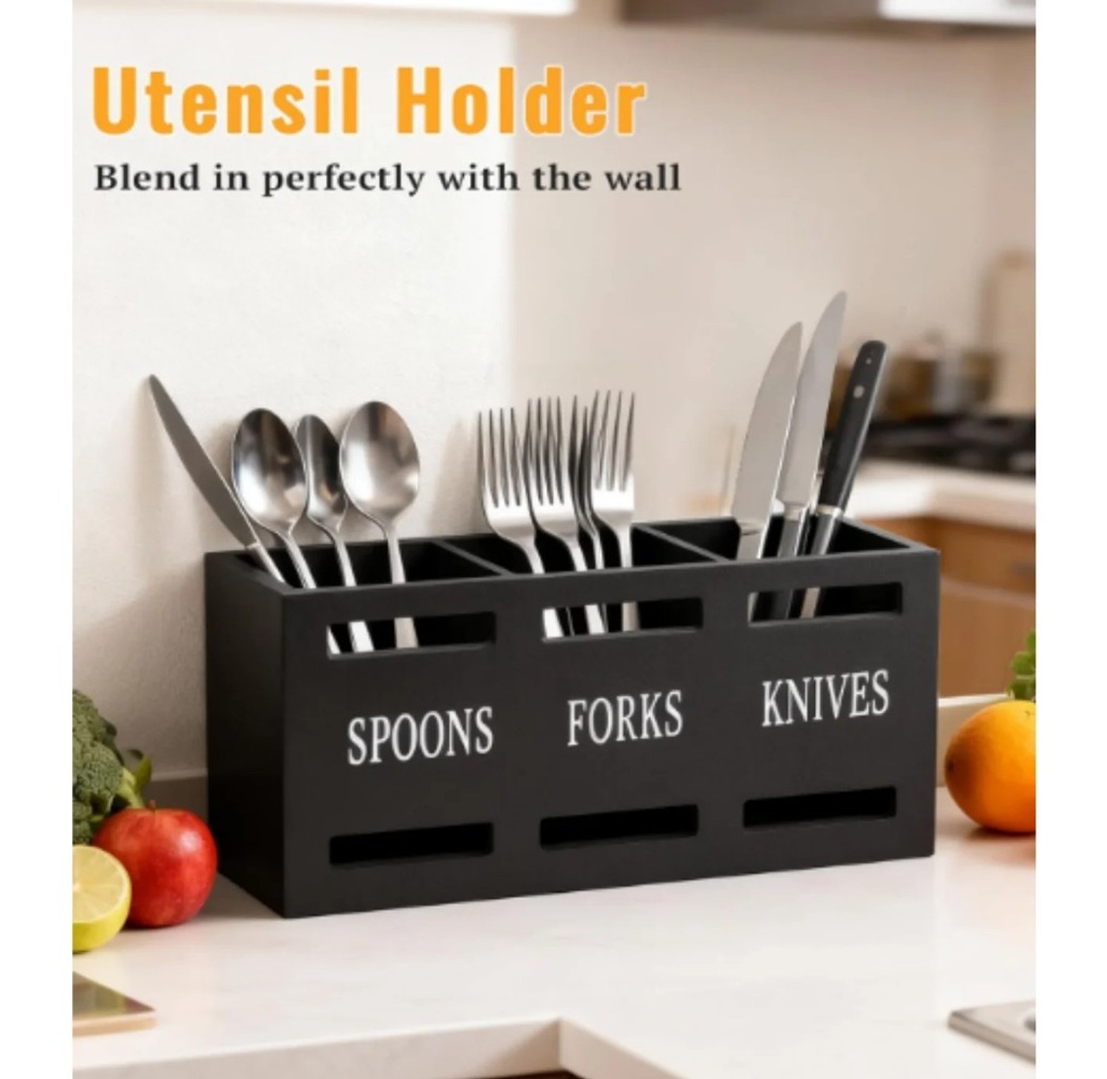 Wooden partitioned cutlery/utensils holder image