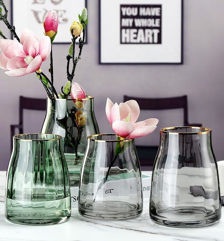 ▪️Wide sophisticated green tones Nordic glass vase with a touch of gold    image