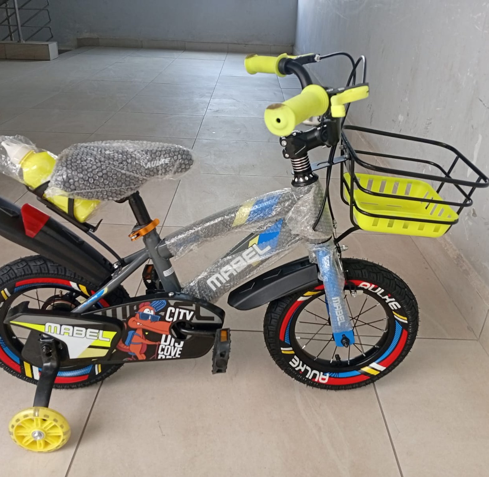 12-Inch Kids Bicycle with Training Wheels, Front Basket & Chain Guard – Blue/Green Children's Bike image