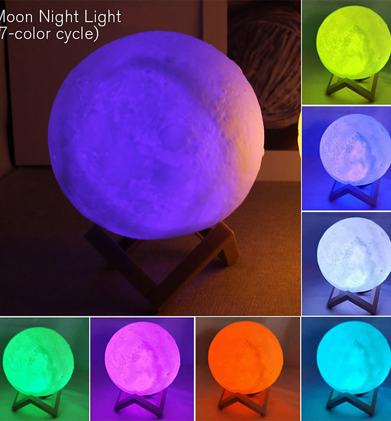 3D Moon Night Light LED 7-Color Changing Aesthetic Bedside Lamp with Wooden Stand for Bedroom Decor & Gifting image