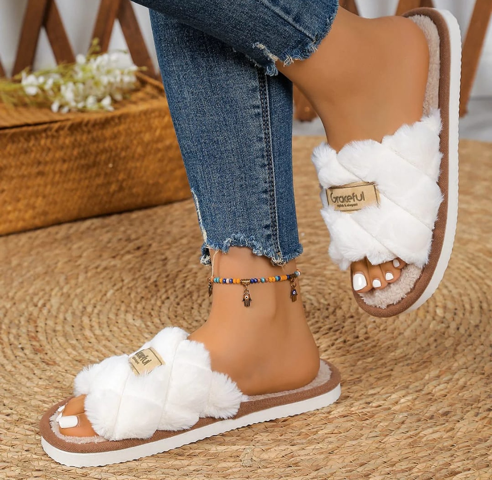 Women’s Open Toe Fluffy Slippers image