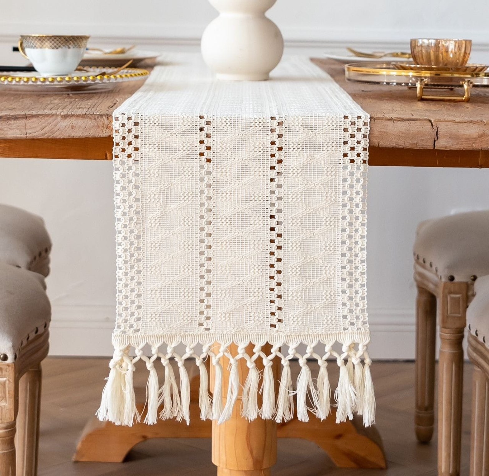 Tassels Bohemian Style Table Runner Farmhouse Linen Table Tablecloth image