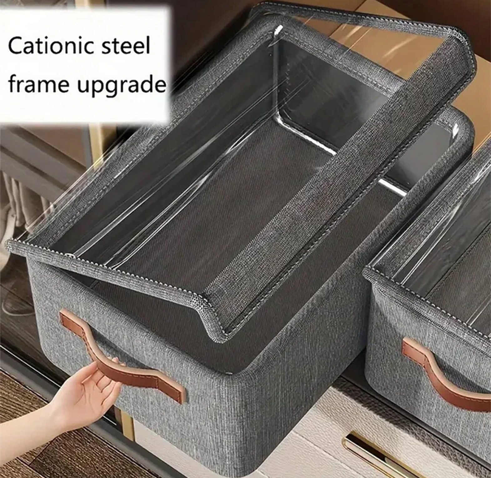 Clothes Storage Box Foldable with Transparent Lid & Cationic Steel Frame Organizer image