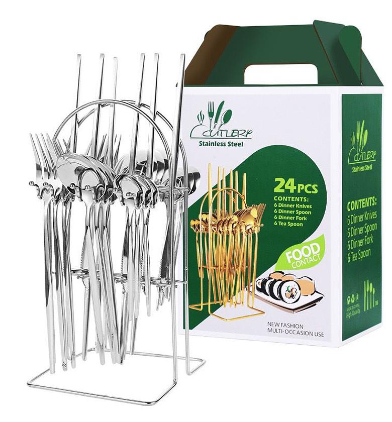 24 pcs tableware Stainless steel Heavy gauge knife fork and spoon storage rack gift box gold cutlery set dinnerware image