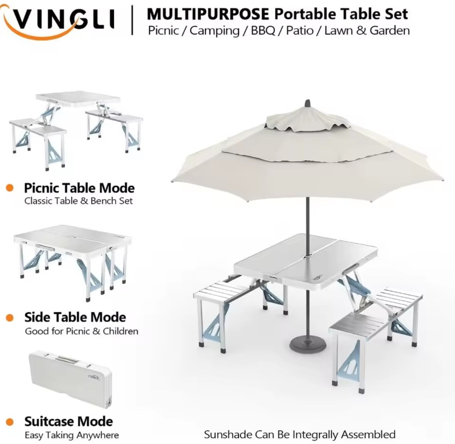 Portable Foldable Aluminum Picnic Table Set with 4 Built-In Seats, Heavy Duty Compact Camping Suitcase Table image
