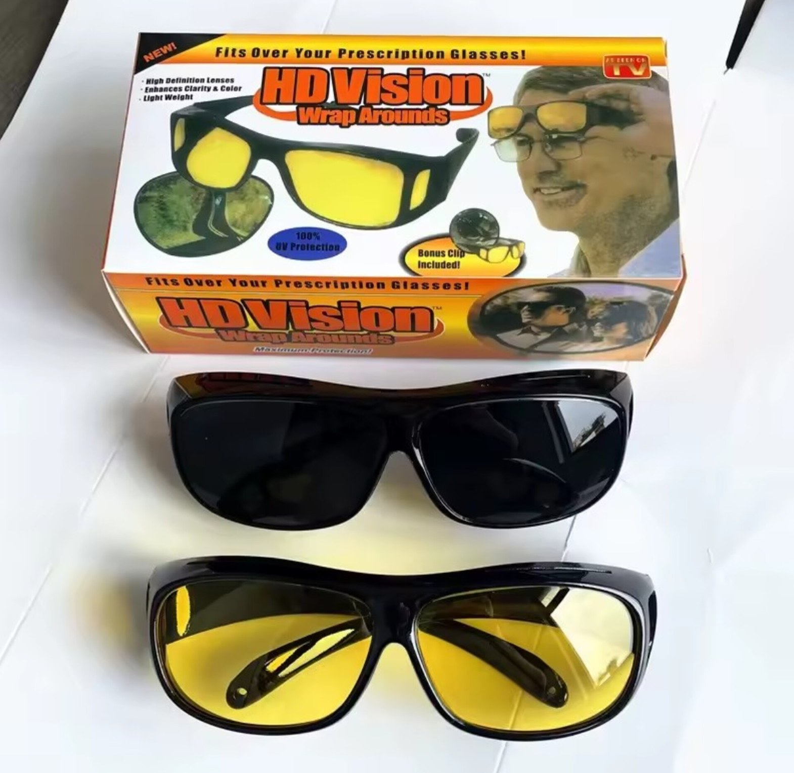 HD Vision Wrap Around Anti-Glare Night Driving & Day Sunglasses Set -  Protection Fits Over Prescription Glasses image