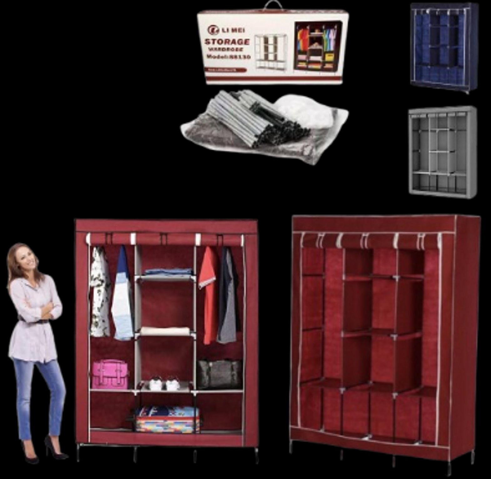 Wardrobe. TC 3 Column Metallic Portable Wardrobe image